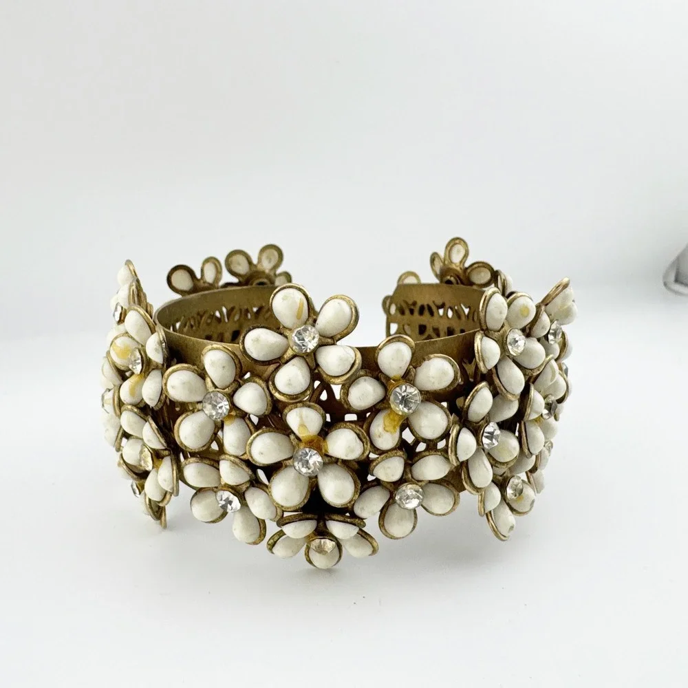Vintage‎ Floral Rhinestone Cuff Bracelet White Enamel Flowers Gold Tone Bangle
